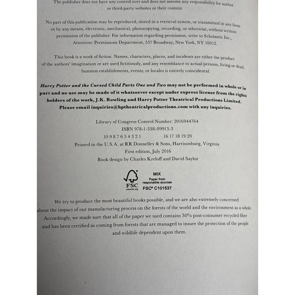 Harry Potter and the Cursed Child Parts 1 & 2 Special Rehearsal Edition Hardcovr